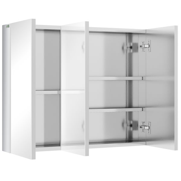 Spiegelschrank mit gedämpften Scharnieren für sanftes Schließen, Detailansicht der Scharniere und Innenraum mit Badutensilien.