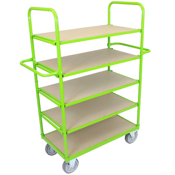 Etagenwagen mit fünf Ebenen und Holzplatten zur Lagerung und zum Transport von Waren.