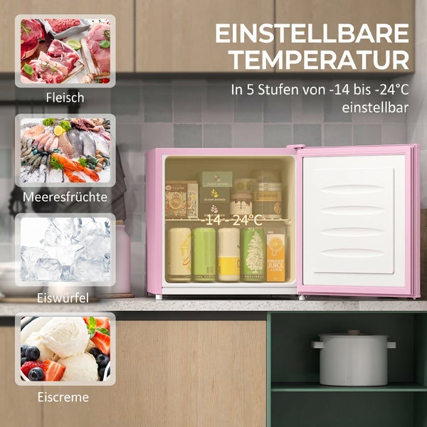 Rosa Mini-Gefrierschrank mit offener Tür. Temperatur von minus 14 bis minus 24 Grad Celsius in 5 Stufen einstellbar.