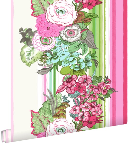 ESTAhome Tapete Blumenmuster Rosa und Lindgrün - 53 cm x 10,05 m - 138115