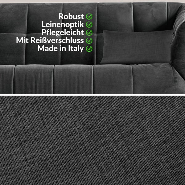 Nahaufnahme eines robusten, pflegeleichten Sofas in Leinenoptik mit Reißverschluss, hergestellt in Italien.