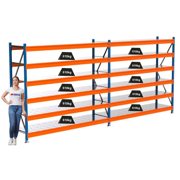 Industrielles Lagerregal mit sechs Ebenen und einer Traglast von 610 kg pro Ebene.