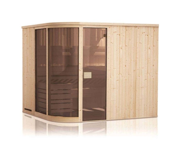 Innensauna aus Holz mit abgerundeter Glasfront und getönter Glastür.