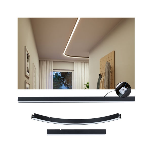 Modulares LED Schienensystem zur Deckenbeleuchtung mit geraden und gebogenen Elementen in einem modern eingerichteten Flur mit Anschlussklemme.