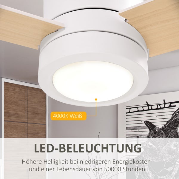 HOMCOM Deckenventilator mit Beleuchtung, Fernbedienung, 48 W Deckenleuchte mit Ventilator, 112 cm leise dimmbar Deckenlampe mit Timer, 3 Geschwindigkeiten, für Wohn-, Schlaf- und Esszimmer, Weiß
