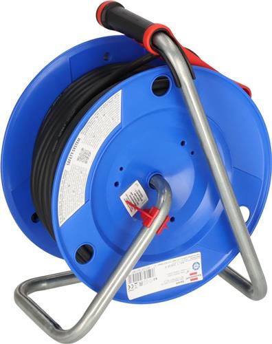 Kabeltrommel mit schwarzem Kabel und blauem Gehäuse