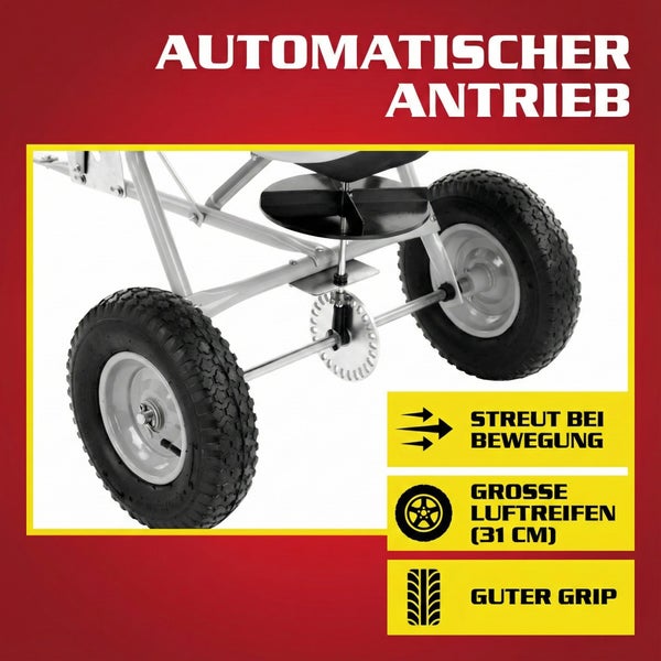 Detailansicht eines Düngerstreuers mit automatischem Antrieb und Reifendetails