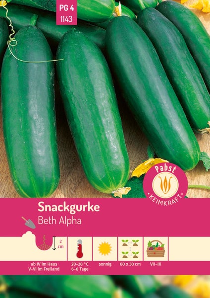 Samentüte für Snackgurke Beth Alpha von Pabst Keimkraft mit Abbildung grüner Gurken, Pabst Keimkraft Logo und Anbauhinweisen.