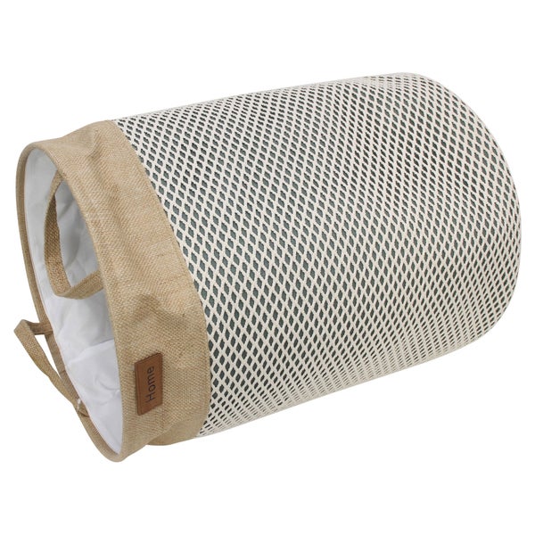 Zylindrischer Wäschekorb mit weißem Mesh-Gewebe, beigem Jute-Besatz, Tragegriffen und Home-Schriftzug.