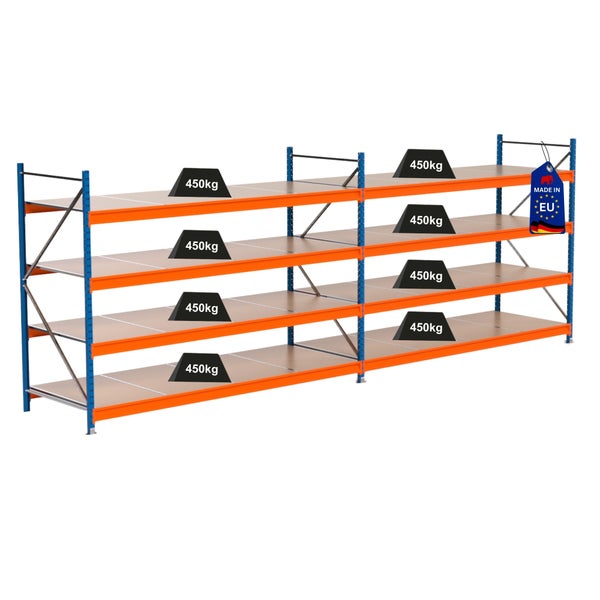 Regal mit vier Ebenen und einer Traglast von 450 Kilogramm pro Ebene sowie dem Made in EU Siegel