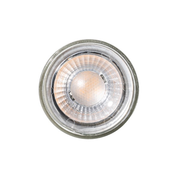 LED-Reflektorlampe GU10 Frontansicht mit geriffeltem Reflektor und klarer Linse.