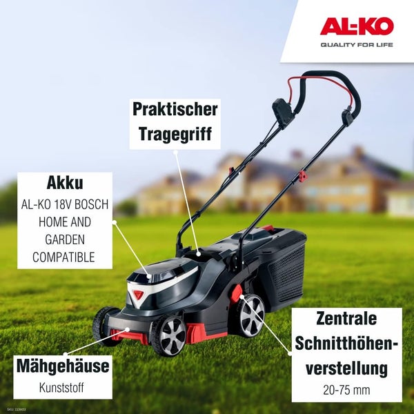 Akkubetriebener AL-KO Rasenmäher auf Rasen mit AL-KO Logo. Details: Tragegriff, Kunststoffgehäuse und Schnitthöhenverstellung 20 bis 75 Millimeter.
