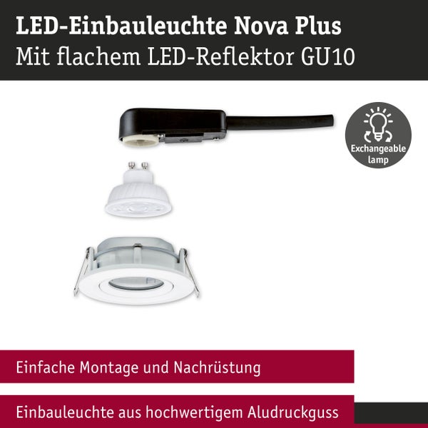 LED-Einbauleuchte Nova Plus aus Aluminiumdruckguss mit flachem LED-Reflektor GU10 und austauschbarem Leuchtmittel.