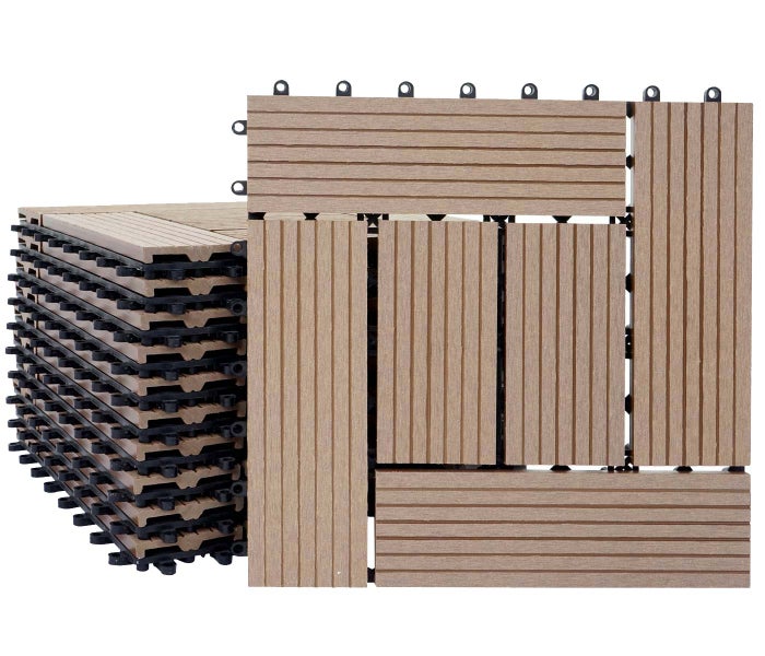 Braune Klickfliesen für Terrasse und Balkon aus Holz-Kunststoff-Verbundwerkstoff mit gerillter Oberfläche in Holzoptik und Stecksystem.