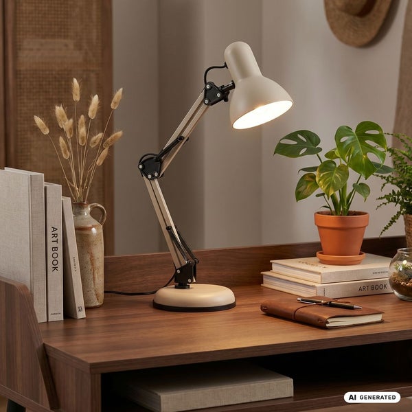 Modernes, organisiertes Arbeitszimmer mit einer verstellbaren Schreibtischlampe aus Metall auf einem Schreibtisch aus Holz, Büchern und Pflanzen.