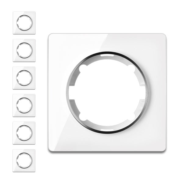 Set von sechs quadratischen Abdeckrahmen für Schalter und Steckdosen zur Wandmontage