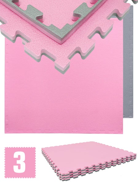 2.4qm Profi Fitnessmatte - 3er Set 90x90x2cm Bodenschutzmatte für Fitnessgeräte Grau Pink