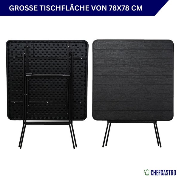 Maße Klapptisch: Offen 78 Zentimeter breit, 78 tief, 74 hoch. Zusammengeklappt 113 Zentimeter hoch. Chefgastro Logo.