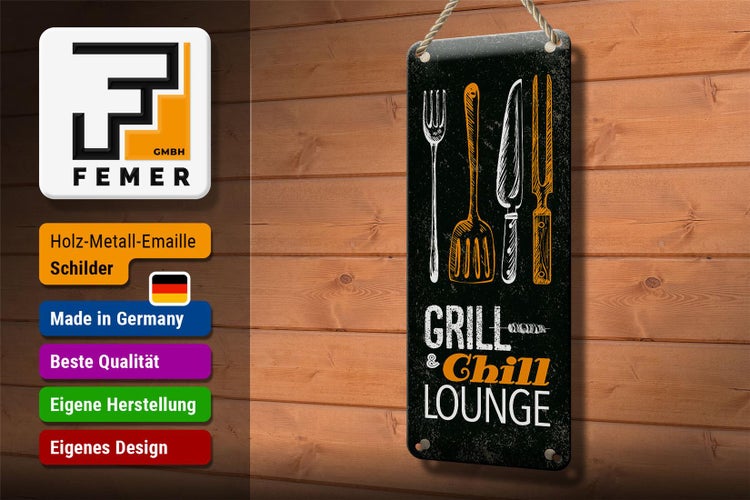 Blechschild Spruch Grill & Chill Lounge Grillen Dekoration 10x27cm
