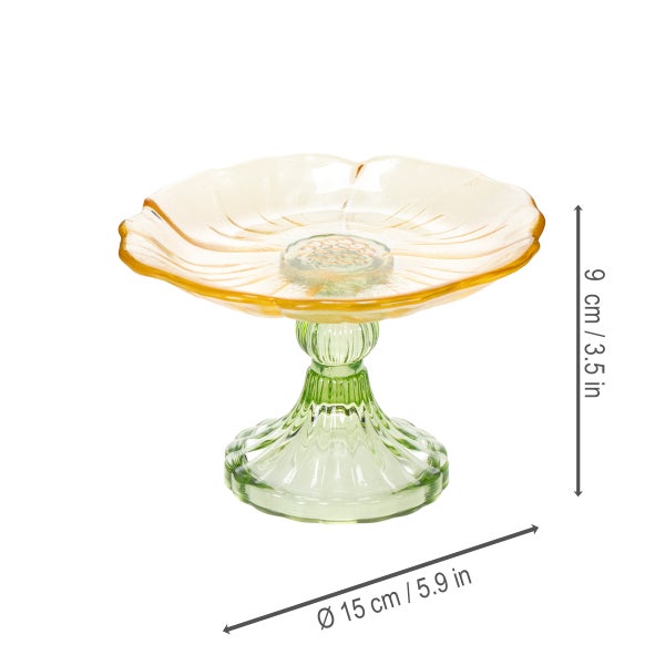 Dekoschale aus Glas in Blumenform mit einem Durchmesser von 15 Zentimetern und einer Höhe von 9 Zentimetern.