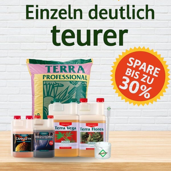 Canna Dünger-Set mit Terra Professional Erde, Terra Vega, Terra Flores, Cannazym, Rhizotonic und Zubehör mit bis zu 30 Prozent Ersparnis.