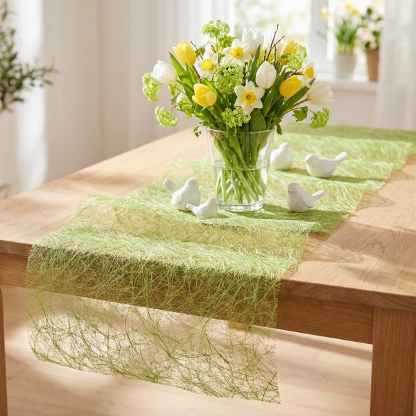 Frühlingshafte Tischdekoration mit grünem Sisal Tischläufer, Glasvase mit Frühlingsblumen und kleinen Vogel-Figuren auf einem Holztisch.