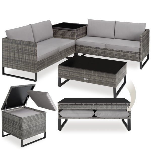 Graues Polyrattan-Garten-Lounge-Set mit zwei Sofas, Eck-Staubox, Couchtisch mit Glasplatte und Stauraum sowie grauen Sitzkissen, tectake Logo.