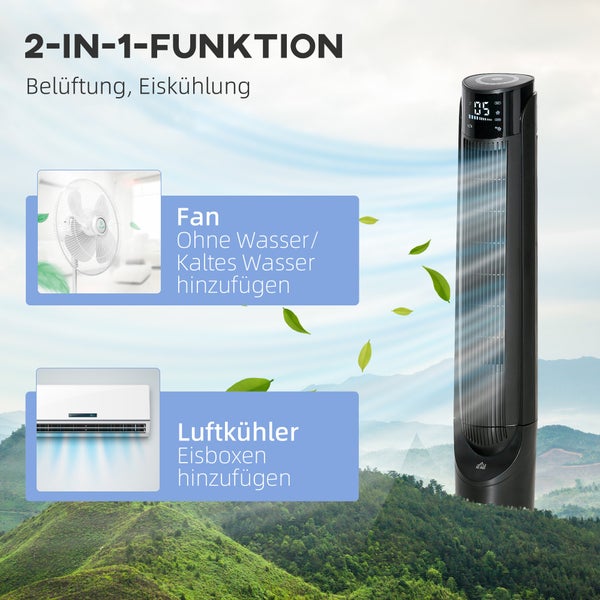 HOMCOM Luftkühler Turmventilator mit Wasserkühlung Luftbefeuchtung 60W leise Standventilator mit 12h Timer, 4 Modi, Fernbedienung, LED-Anzeige für Wohnzimmer Schwarz Ø31,5 x 107 cm
