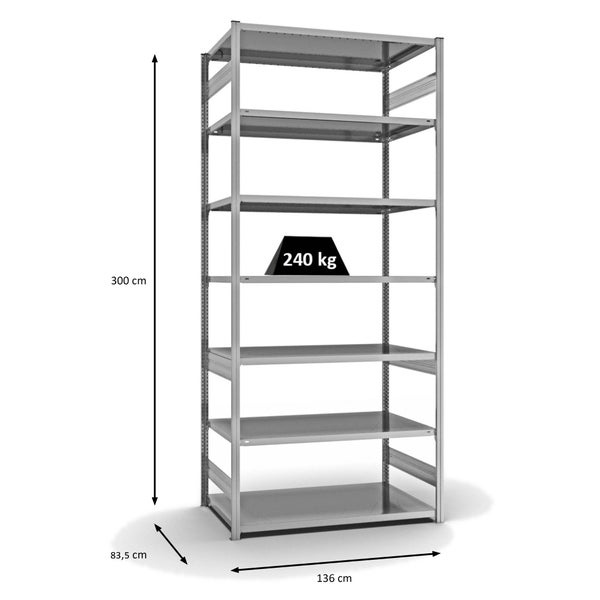 PROREGAL Fachbodenregal Stecksystem T-Profil Medium-Duty Grundregal HxBxT 300 x 130 x 80 cm 7 Ebenen Fachlast 240 kg Beidseitig Nutzbar Verzinkt