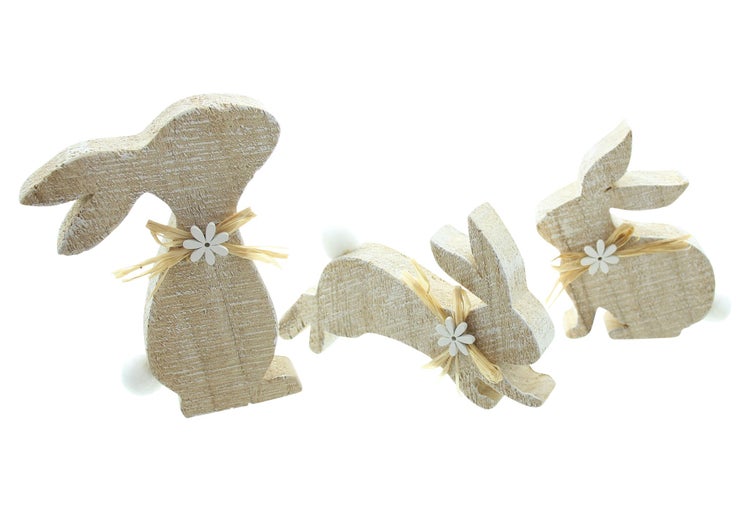 FRANK FLECHTWAREN | Osterdeko Hasentrio, 3er Set, HOLZ, 15 x 2 x 10cm, 9,5 x 2 x 12cm, 10,5 x 2 x 15cm