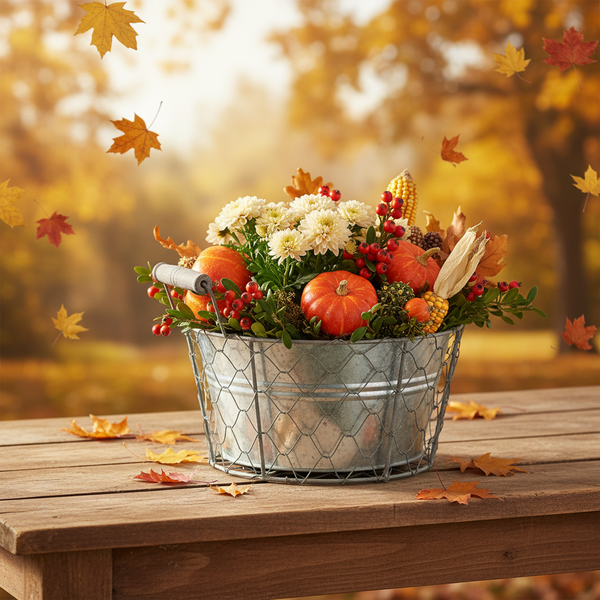 Herbstliche Dekoration im Metallkorb mit Kürbissen, Blumen und Beeren auf einem Holztisch.