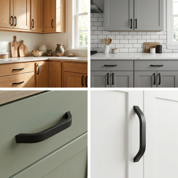 Verschiedene Küchenschränke und Schubladen mit schwarzen Griffen.