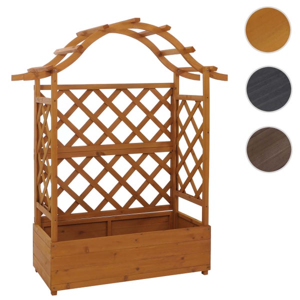 Rosenbogen aus Holz mit integriertem Pflanzkasten und Rankgitter an der Rückwand und den Seiten.
