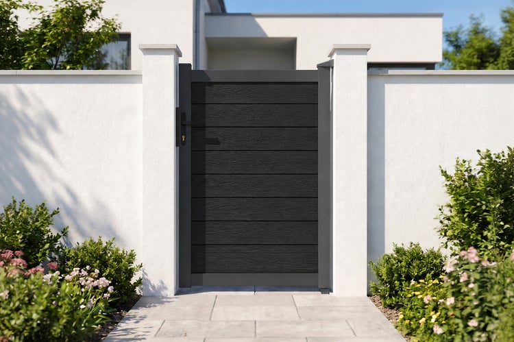 Modernes Gartentor aus anthrazitfarbenem WPC mit horizontalen Lamellen, montiert zwischen zwei weißen Mauerpfeilern in einer Gartenmauer.