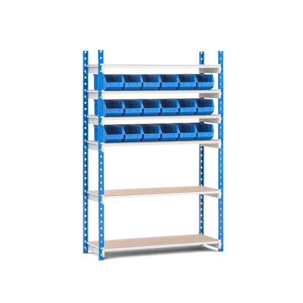 PROREGAL Fachbodenregal MAXIMUS mit 40x Sichtlagerboxen à 10,7L Fachlast 130kg Grundregal HxBxT 200x100x34cm 5 Ebenen Lichtblau/Lichtgrau