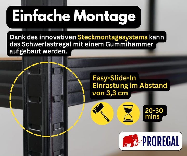 Einfache Montage des PROREGAL Schwerlastregals durch Stecksystem mit Gummihammer, Montagezeit 20 bis 30 Minuten. PROREGAL Logo.