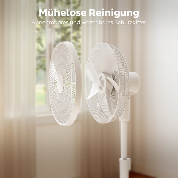 Standventilator mit abnehmbarem und waschbarem Schutzgitter für eine einfache Reinigung.