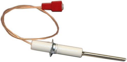 Zündelektrode für Gasgeräte mit weißer Keramikisolierung, Metallspitze und Kabel mit rotem Stecker.
