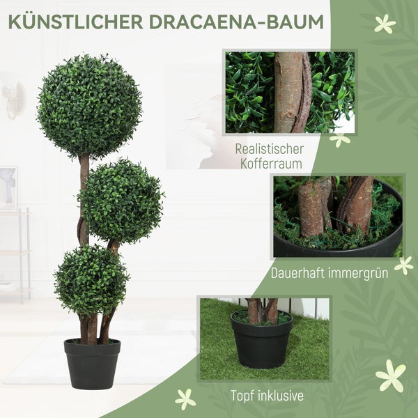 Künstlicher Dracaena-Baum mit drei grünen Blätterkugeln in einem schwarzen Topf mit realistischem Stamm.