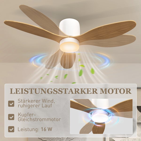Deckenventilator mit sechs Holzflügeln, LED-Licht und leistungsstarkem 16 Watt Kupfer-Gleichstrommotor für leisen Betrieb.