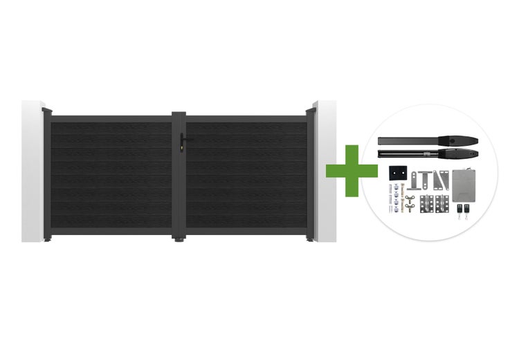 Zweiflügeliges Einfahrtstor aus Aluminium und Verbundwerkstoff in Anthrazit inklusive elektrischem Torantrieb und Montagematerial.