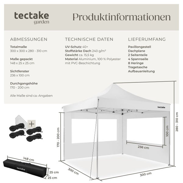 Infografik zum tectake Faltpavillon mit Abmessungen 300 mal 300 Zentimeter, technischen Daten wie UV-Schutz 40 plus und dem Lieferumfang.