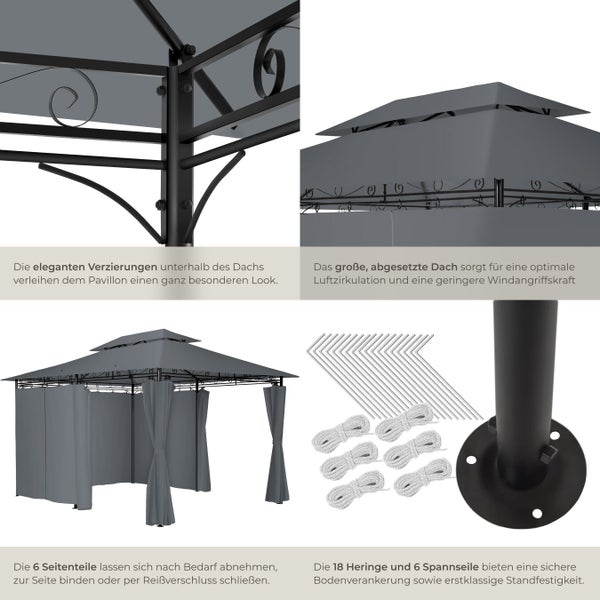 Pavillon mit Dach, Seitenteilen, Heringen und Spannseilen für sichere Bodenverankerung