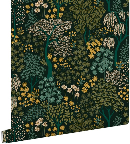 ESTAhome Tapete Bäumen und Blumen Blaugrün und Gelb - 50 x 900 cm - 131190