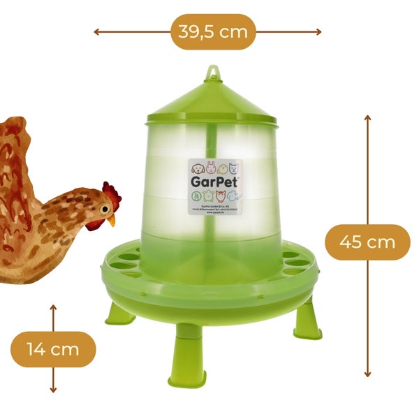 GarPet Futterautomat für Geflügel mit Maßen: Durchmesser 39,5 Zentimeter, Gesamthöhe 45 Zentimeter und Standhöhe 14 Zentimeter.