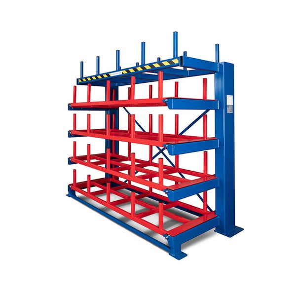 Blau-rotes industrielles Langgutregal aus Stahl mit vier ausziehbaren Ebenen und vertikalen Trennelementen.