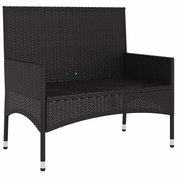 Schwarze Gartenbank aus Rattan mit weißen Sitzkissen auf einer Terrasse.