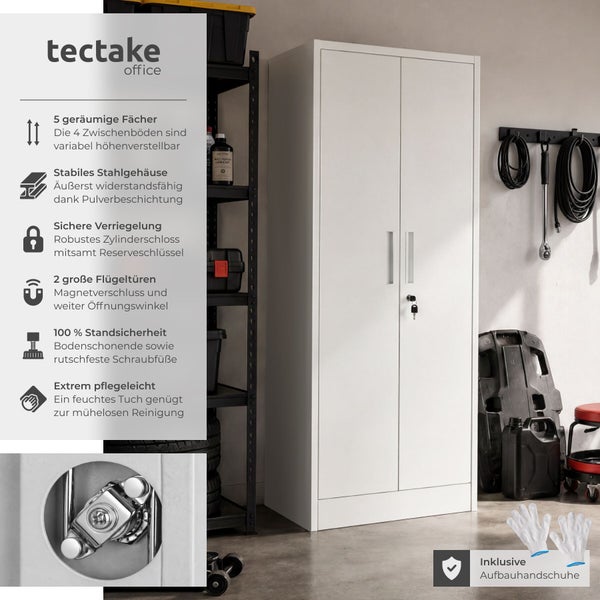 Zweitüriger Metallschrank von Tectake für Werkstatt oder Büro mit Zylinderschloss und fünf Fächern, inklusive Montagehandschuhen.