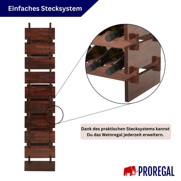 Modulares Weinregal aus dunklem Holz mit einfachem Stecksystem zur Erweiterung, Detailansicht der Steckverbindung mit Weinflaschen.