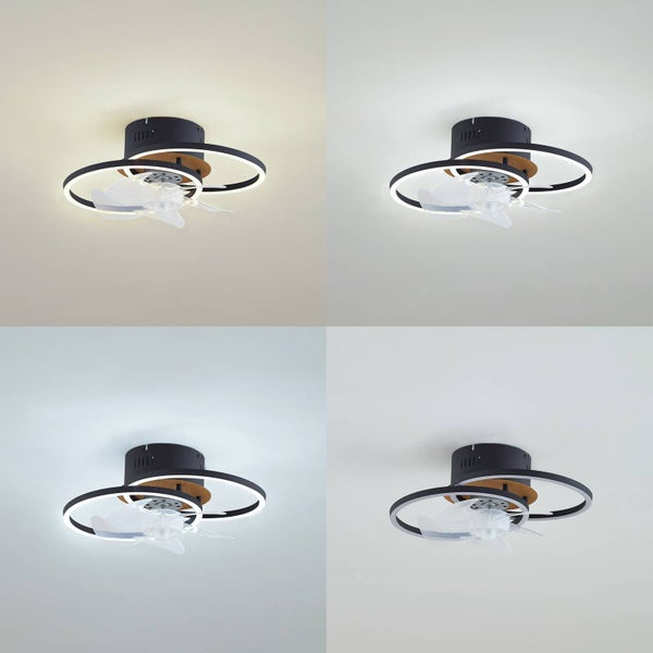 Moderner Deckenventilator mit LED-Ringen und Holzakzenten, dargestellt in vier verschiedenen Farbtemperaturen von Warmweiß bis Kaltweiß.